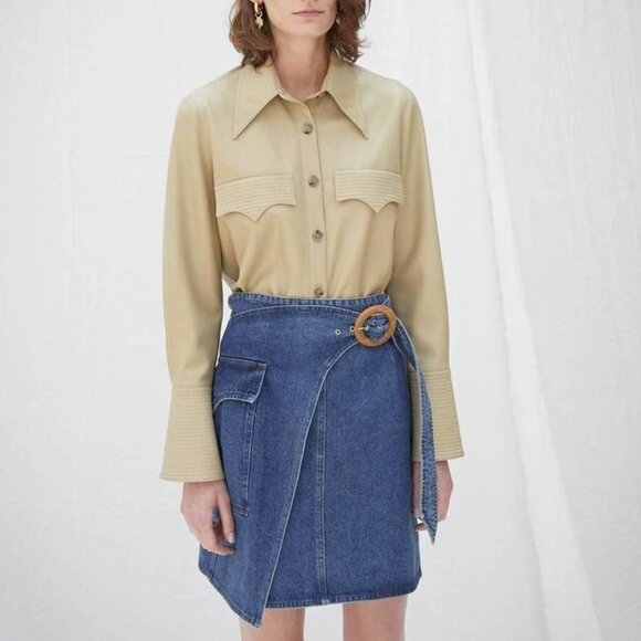 NEW Nanushka Elpi Vegan Leather Quilt Shirt Point Collar Western in Wax Yellow S - Picture 10 of 11